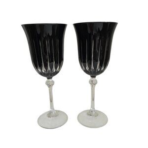 Vtg Le Stelle Italy Set of 2 Black Wine Glasses Diamond Cut Glass Crystal
